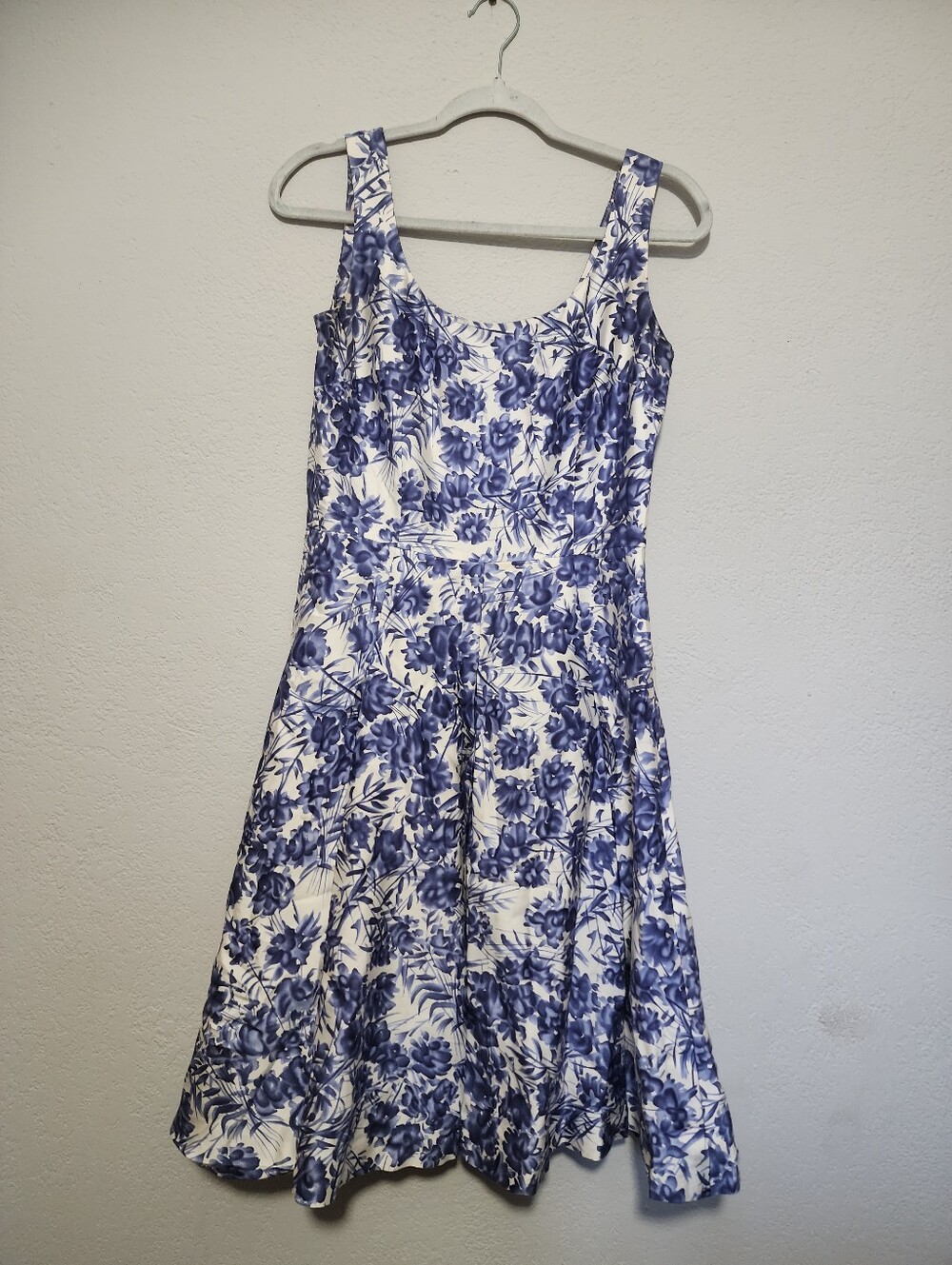 Ann Taylor White and Blue Floral Fit-and-Flare Dress
